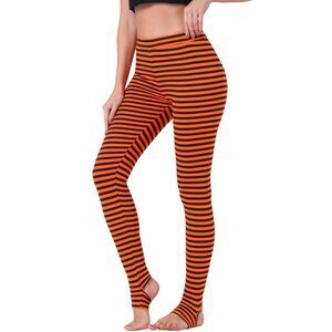 Printed High Waist Elastic Waist Yoga Leggings Black Orange-Stripe